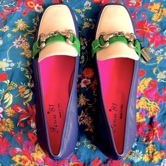Brand New Ferca 81 Genuine Leather Ivory Blue Green Slip On Flats Buckle Loafers - Picture 13 of 16